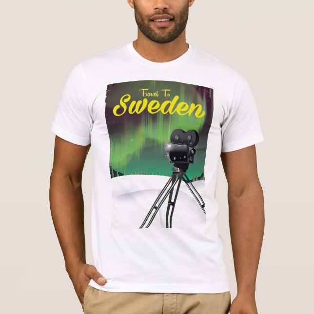 Camiseta Viaje para Suécia Luzes do norte Cartaz de câmera. (Frente)
