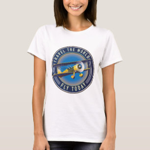Camiseta Viaje pelo mundo voe hoje adesivo de viagem