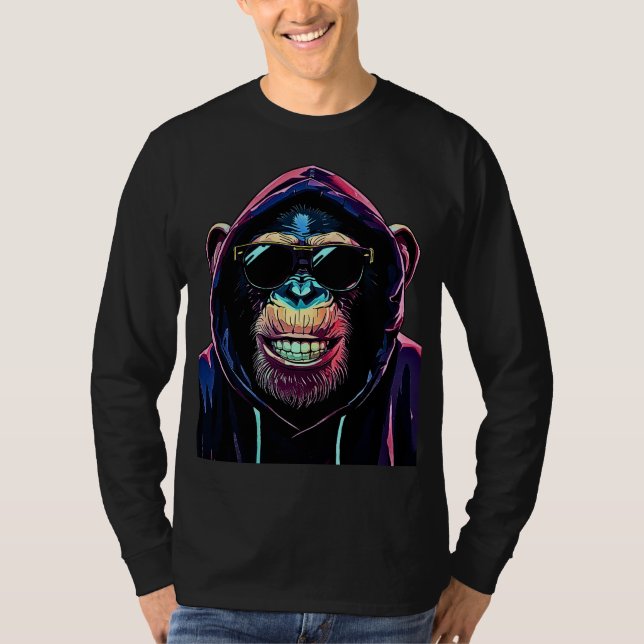 Camiseta Vibe Neon – Chimpanzé Estiloso com Capuz e Óculos  (Frente)