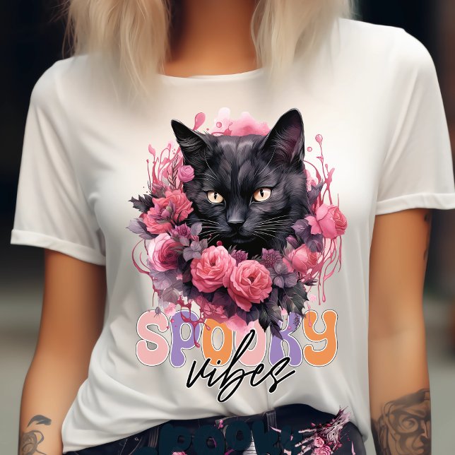 Camiseta Víblias Negras-Cute Negra-Louco-Feliz-Gato-Hallowe (Criador carregado)