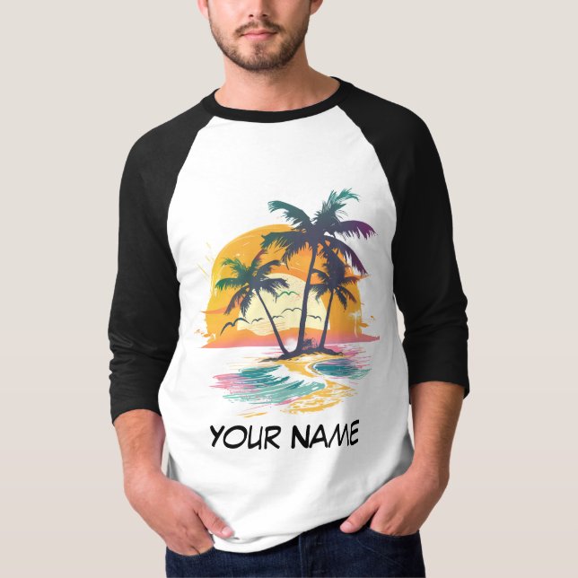 Camiseta Víblias Tropicais Sunset - Palm Trees & Beach Desi (Frente)