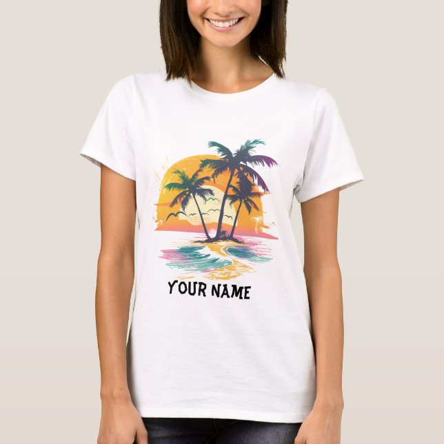 Camiseta Víblias Tropicais Sunset - Palm Trees & Beach Desi (Frente)