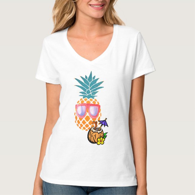 Camiseta Víbos de praia, abacaxi com óculos de sol (Frente)