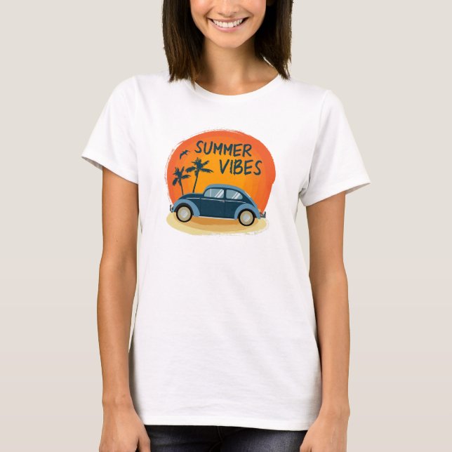 Camiseta vibração de verão com carro retrô na praia (Frente)