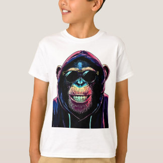 Camiseta Vibração Neon – Chimpanzé Estiloso com Capuz e Ócu