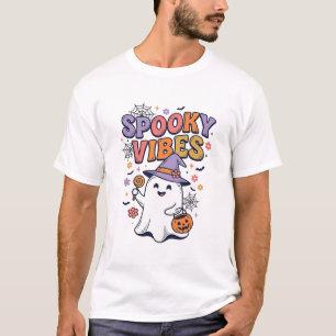 Camiseta Vibrações Assustadoras Fantasma Fofo Design Vintag