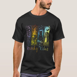 Camiseta Vibrações de Bruxa de Halloween Gato Preto Caldeir