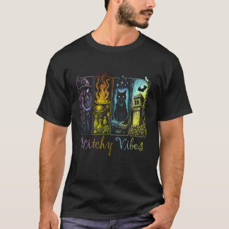 Camiseta Vibrações de Bruxa de Halloween Gato Preto Caldeir