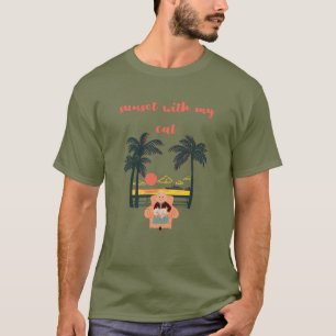 Camiseta vibrações de gato vintage, pôr do sol com meu gato
