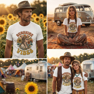 Camiseta Vibrações de Sol Vintage Hippie Gráfico