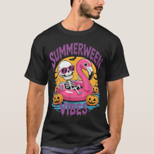 Camiseta Vibrações de Summerween Esqueleto Flamingo Assusta
