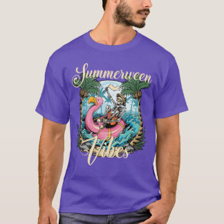 Camiseta Vibrações de Summerween Esqueleto Flamingo Flutuad