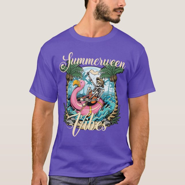 Camiseta Vibrações de Summerween Esqueleto Flamingo Flutuad (Frente)