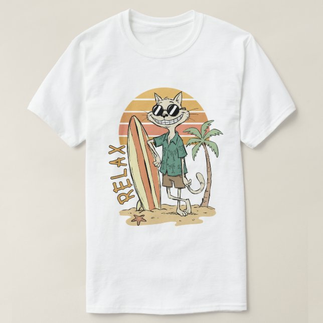 Camiseta Vibrações de Surf do Gato Relaxado  (Frente do Design)