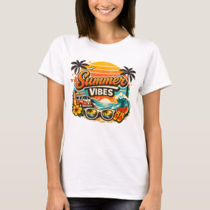 Camiseta Vibrações de Verão Praia Retro Pôr do Sol 