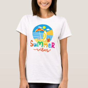 Camiseta Vibrações de Verão Prancha Na Praia Feminino
