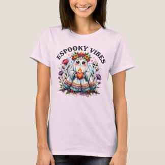 Camiseta Vibrações Espooky Arte Mexicana de Fantasma Floral