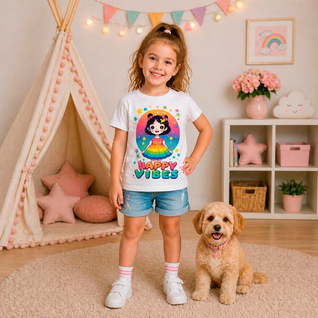 Camiseta 🌈 Vibrações Felizes Arco-íris Desenho Fofo de Gar (Criador carregado)