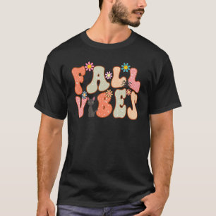 Camiseta Vibrações Florais de Outono Retrô Gato Preto Feliz
