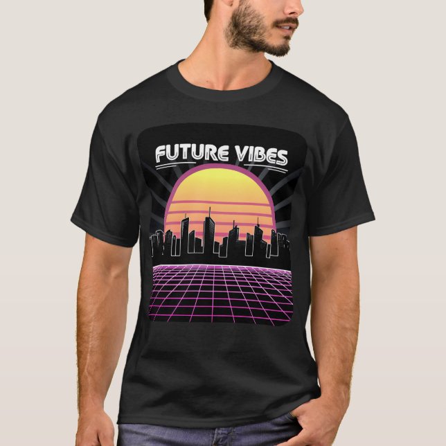 Camiseta Vibrações Futuras Synthwave Pôr do Sol Grid Retro  (Frente)