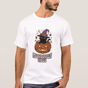 Camiseta Vibrações Retro de Meowloween Gato Preto Bruxa Abó