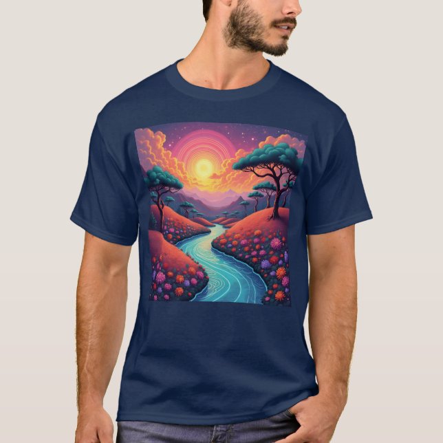Camiseta Vibrant 70s dreamscape blending nature and groovy  (Frente)