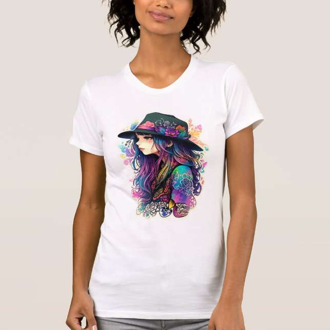 Camiseta Vibrant Artistic Girl in Wide-Brimmed Hat - Women’ (Frente)