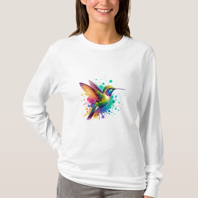 Camiseta Vibrant Flight – Watercolor Hummingbird Explosion  (Frente)