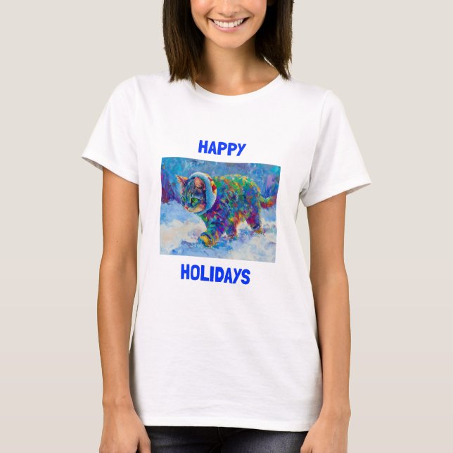 Camiseta Vibrant Happy Holidays Cat Celebration Tee (Frente)