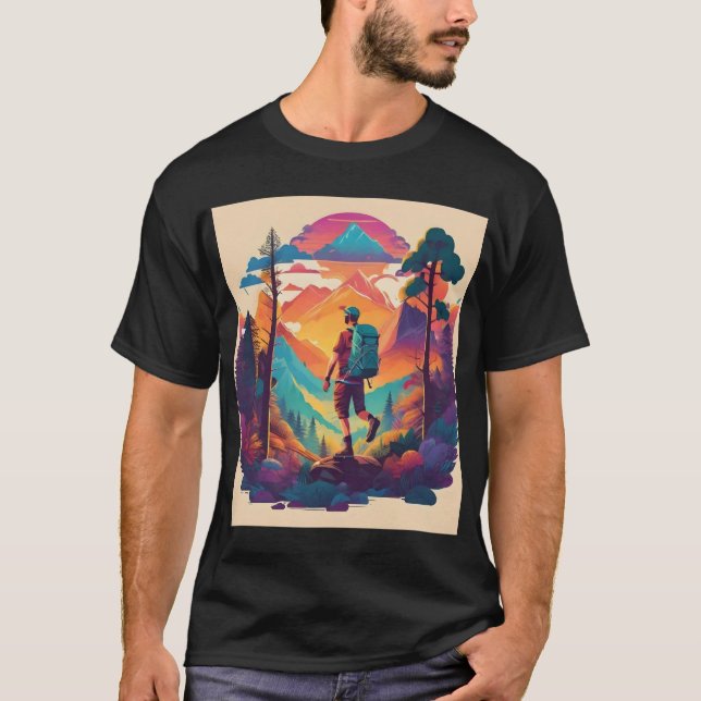 Camiseta Vibrant Hiker in a Sunset Forest  (Frente)
