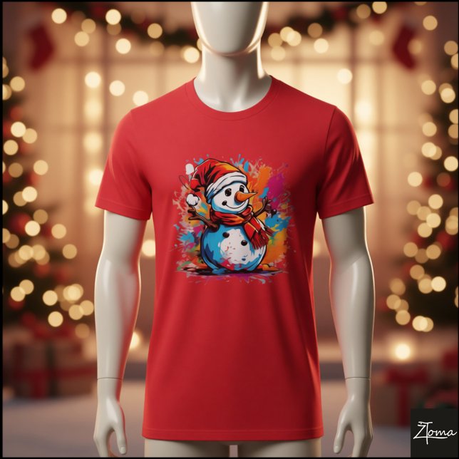 Camiseta Vibrant Snowman Santa Scarf Paint Splatter (Criador carregado)
