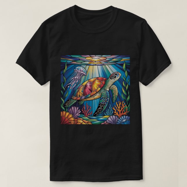 Camiseta Vibrant Stained Glass Sea Turtle Ocean Design (Frente do Design)