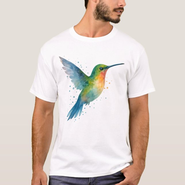 Camiseta Vibrant Watercolor Hummingbird em Voo (Frente)