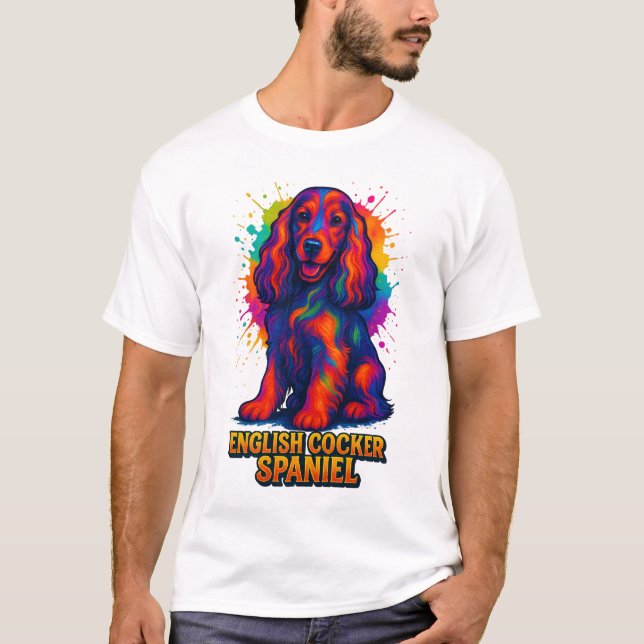 Camiseta Vibrante English Cocker Spaniel em Pop Art (Frente)