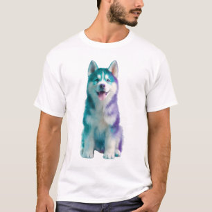 Camiseta Vibrante Galáxia de Aquarela Husky Cachorrinho Hom