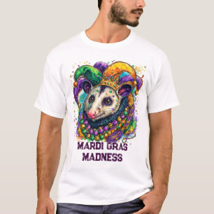 Camiseta Vibrante gambá de Mardi Gras com máscara de bobo e