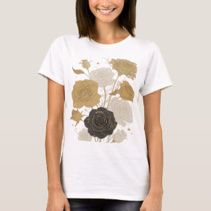 Camiseta Vibrante Ouro ROSAS Douradas Arte de Texto 3D