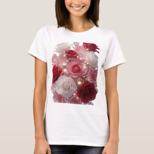 Camiseta Vibrante Prata ROSAS VERMELHAS E BRANCAS COM BRILH