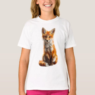 Camiseta Vibrante Raposa Vermelha Sentada Pintada à Mão par