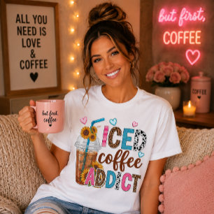 Camiseta Viciado em Café Gelado Estampa de Girassol Leopard