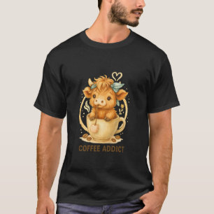 Camiseta Viciado em Café Vaca das Terras Altas Fofo em Cane