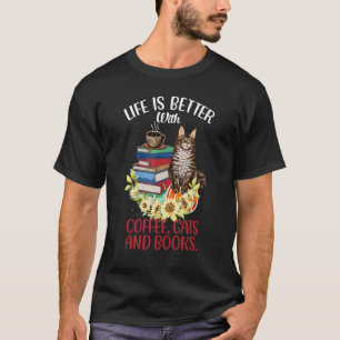 Camiseta Vida com Gatos Café e Livros Leitor Gato