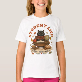 Camiseta Vida de Estudante Gato Preto Fofo Desk Outono Pers