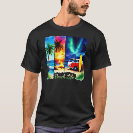 Camiseta Vida de Praia Retro Van Pôr do Sol Vibrações Tropi
