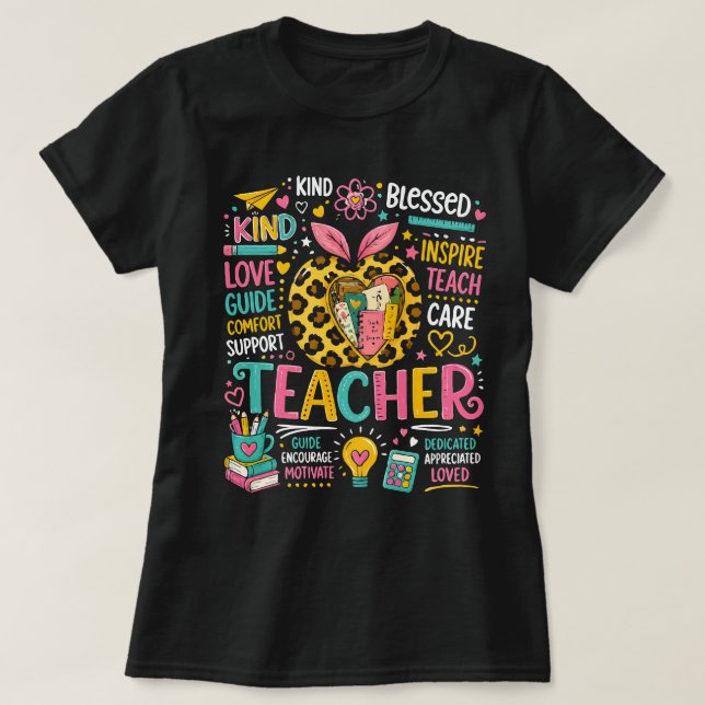 Camiseta Vida de Professor Leopardo Maçã Volta às Aulas (Frente do Design)