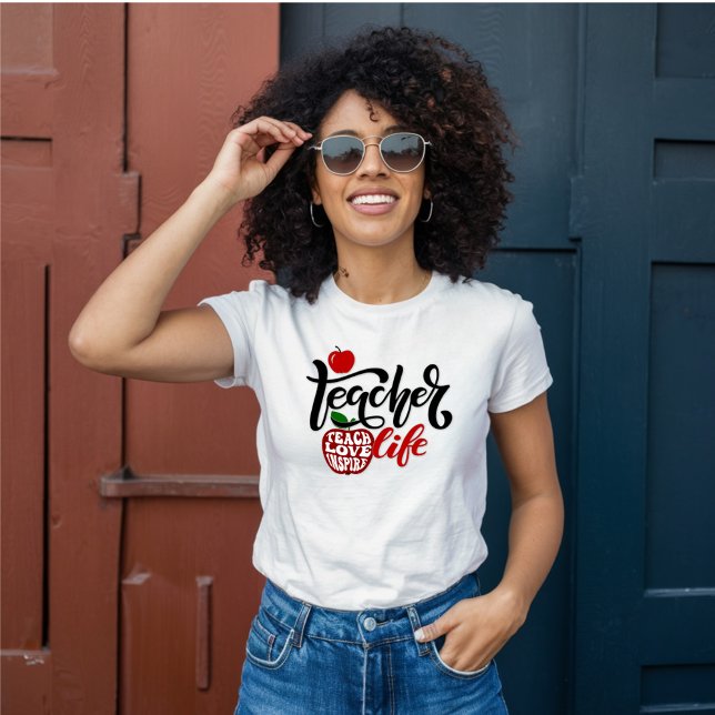 Camiseta Vida de Professora, Ensino, Amor, Inspirado, Maçã (Criador carregado)