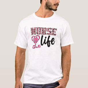Camiseta Vida Enfermeira - Impressão Rosa e Leopardo (2)
