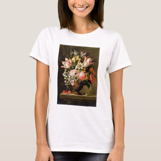 Camiseta Vida Estática das Flores em um Vaso com um Lagarto (Frente)