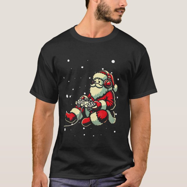 Camiseta Vídeo de Natal do Controlador Gamer Santa Claus (Frente)