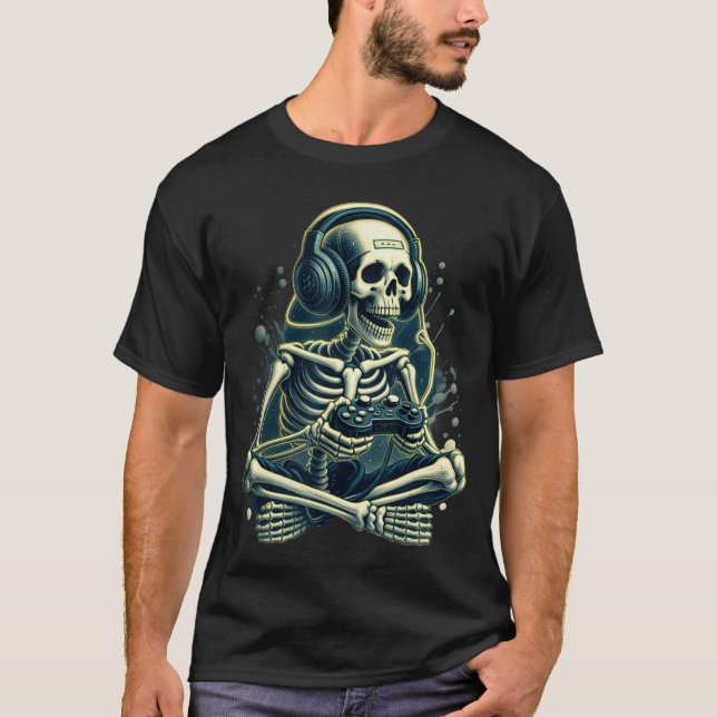 Camiseta Vídeo engraçado de Halloween de esqueleto de jogos (Frente)
